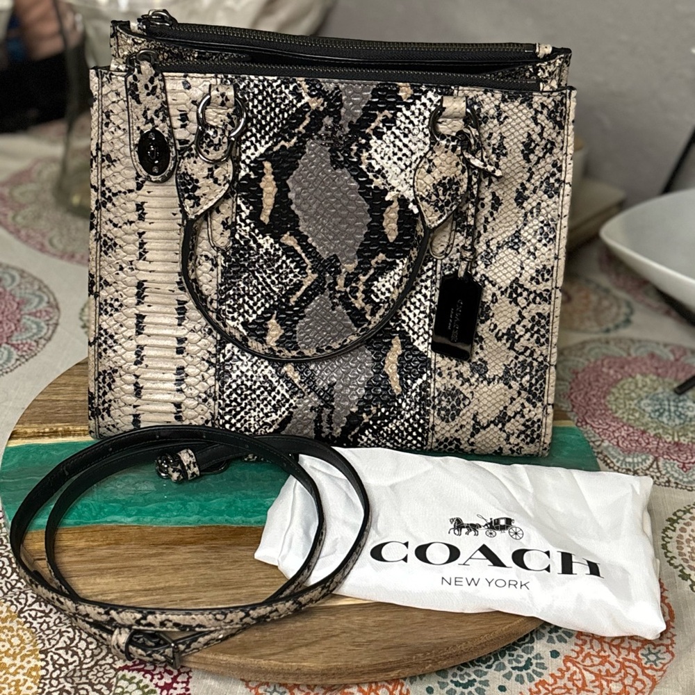 Coach Crosby Carryall Snakeskin Satchel - Black and Cream
